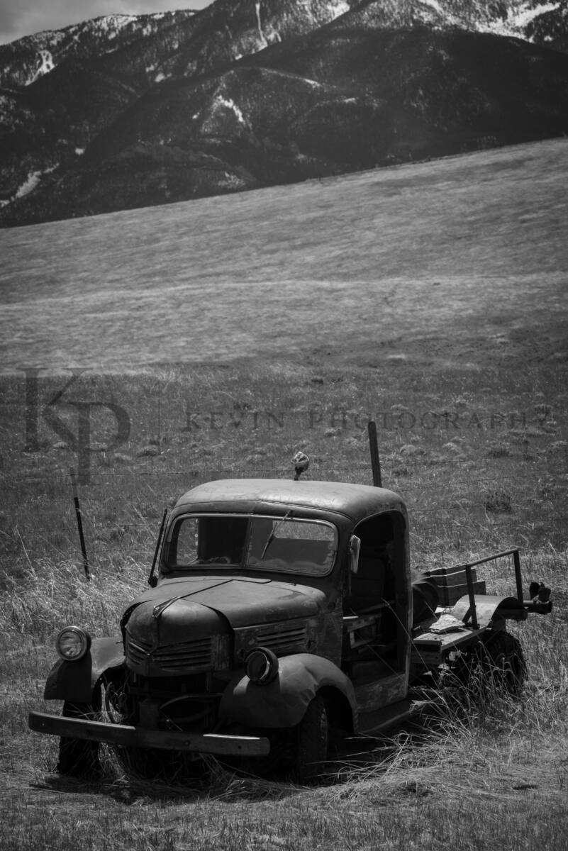 Black and white vintage truck landscape